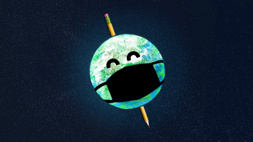 Tutorona - The logo consists of a shining blue Earth mascot smiling while wearing a mask.